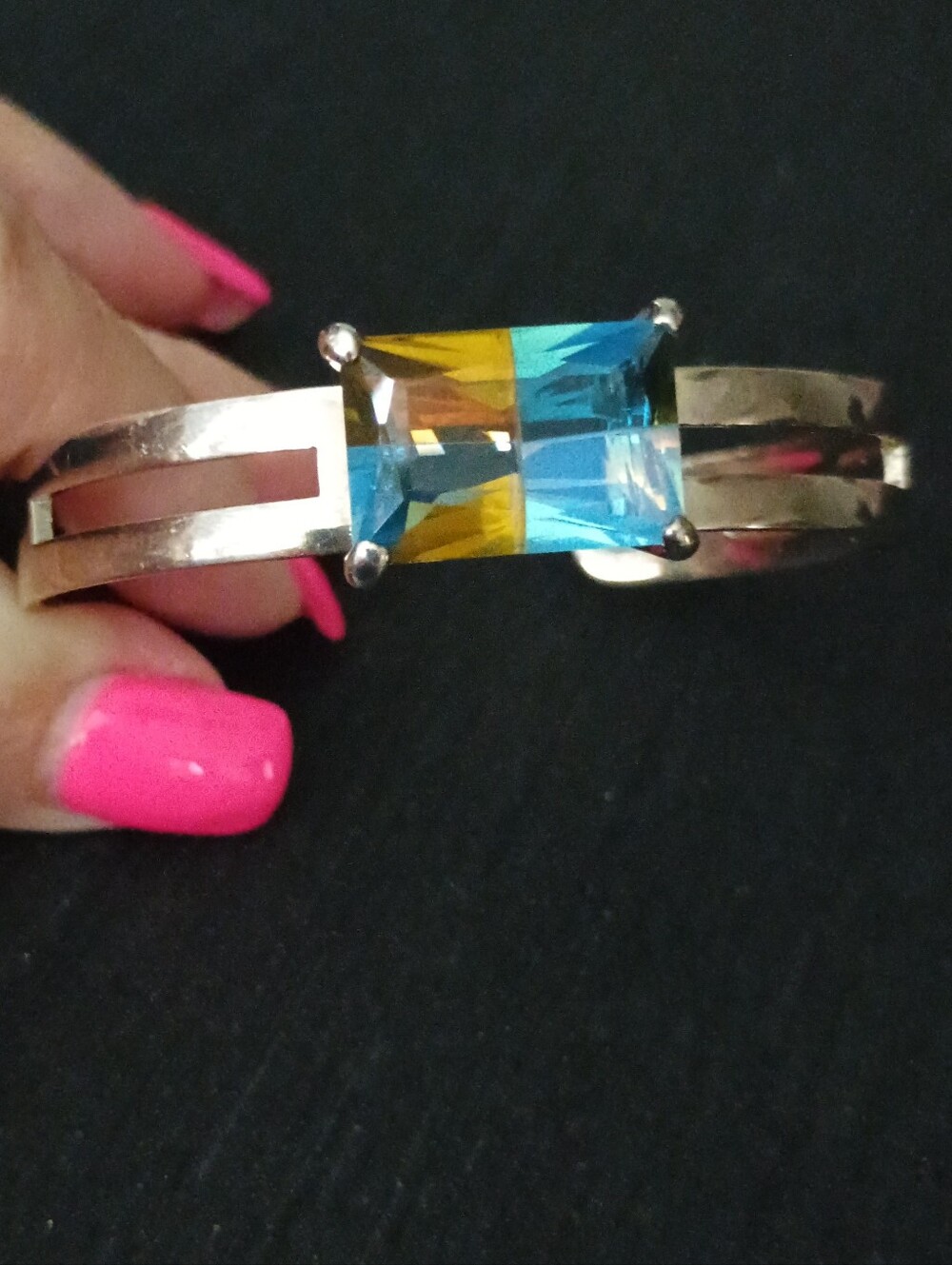 Vintage Monet Two-Tone Blue and Yellow Crystal Cuff Bracelet